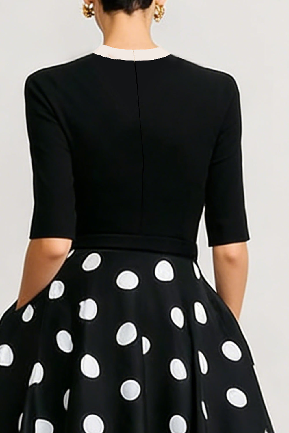 Black and White Polka Dots Short Sleeves A Line Work Dress with Bow