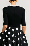 Black and White Polka Dots Short Sleeves A Line Work Dress with Bow