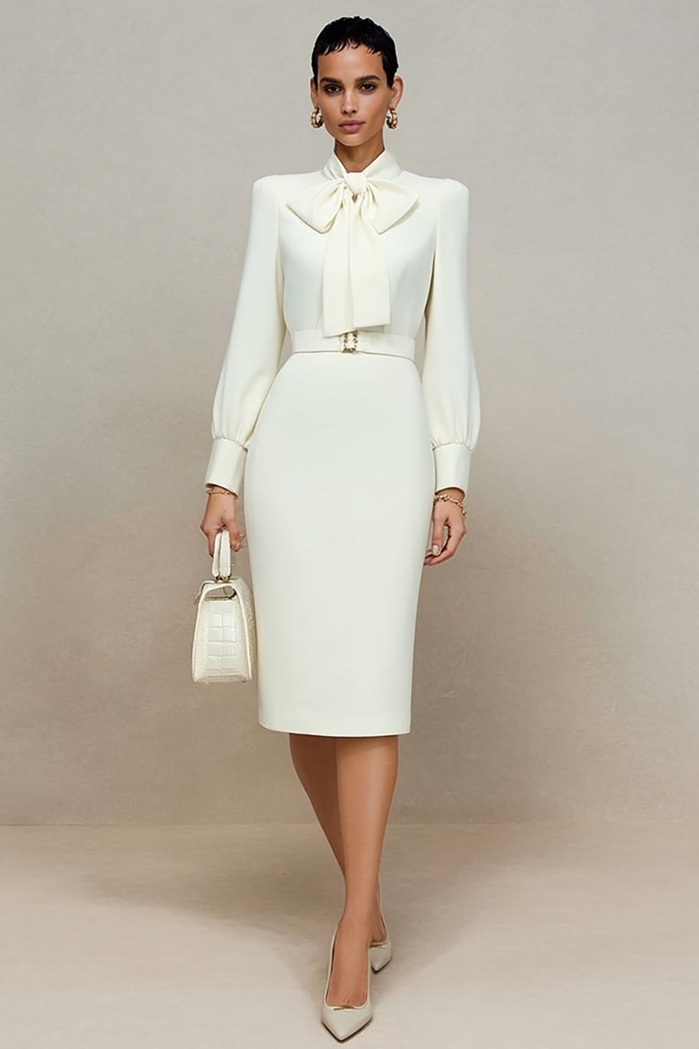 Zapakasa Women Ivory Midi Work Dress with Bow Pencil Long Sleeves