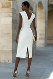 Ivory Pencil Single Breasted Midi Work Dress with Slit