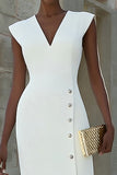 Ivory Pencil Single Breasted Midi Work Dress with Slit