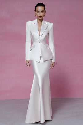 Ivory 2 Piece Satin Peak Lapel Mermaid Business Suits