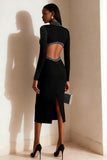 Sparkly Black Pencil High Neck Cut Out Midi Work Dress with Beading