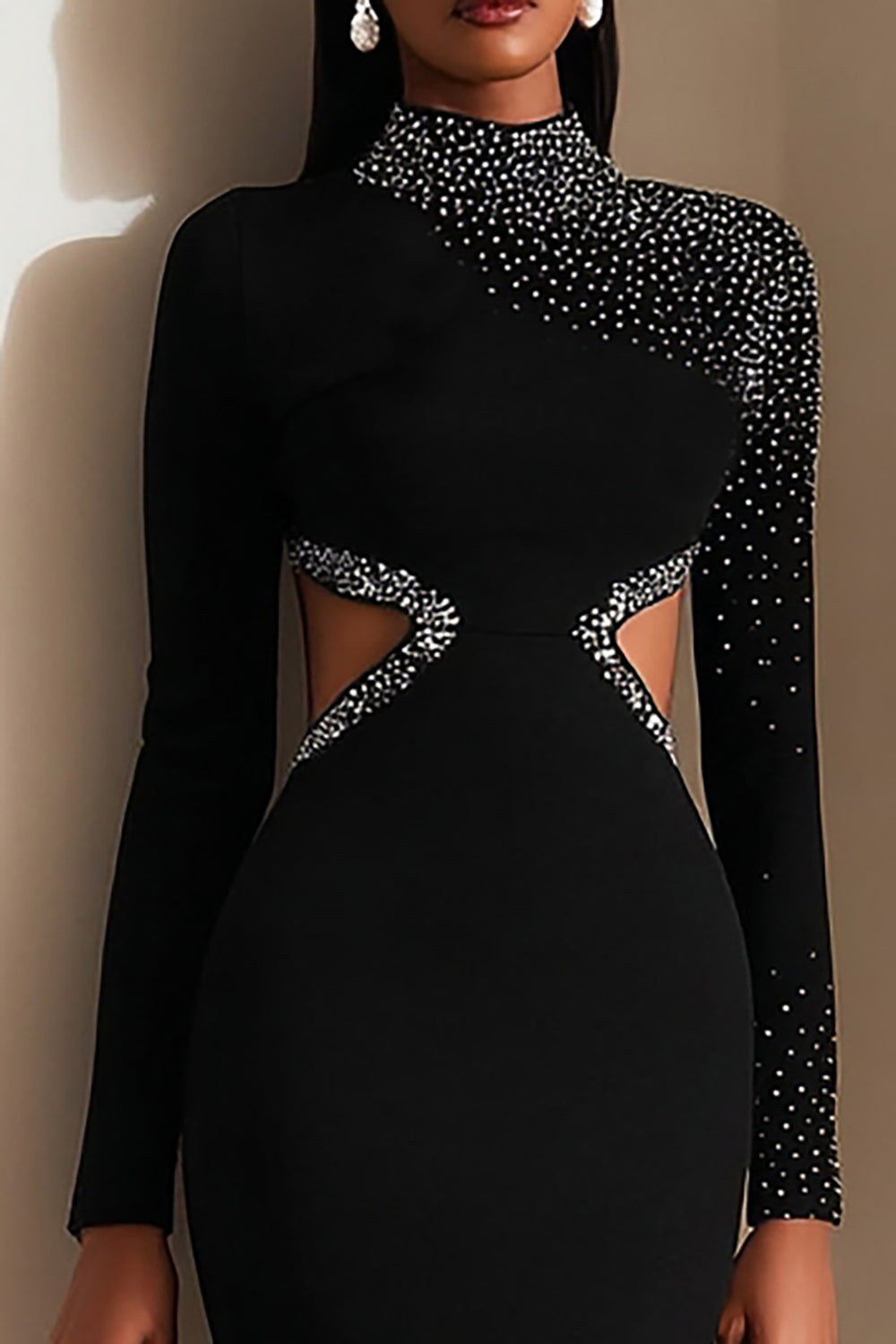 Sparkly Black Pencil High Neck Cut Out Midi Work Dress with Beading