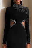 Sparkly Black Pencil High Neck Cut Out Midi Work Dress with Beading
