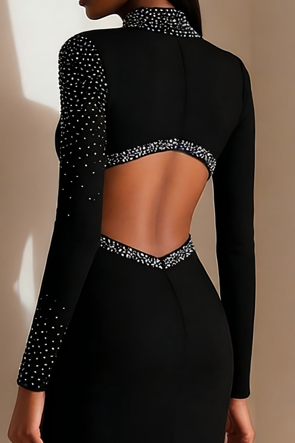 Sparkly Black Pencil High Neck Cut Out Midi Work Dress with Beading