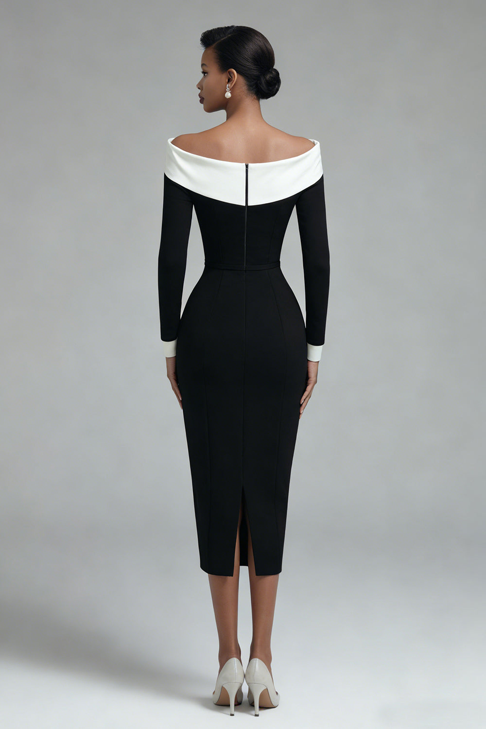 Black Pencil Off the Shoulder Midi Work Dress with Slit