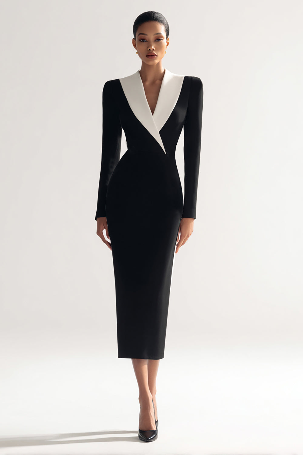Black Shawl Lapel Pencil Long Sleeves Midi Blazer Dress with Slit