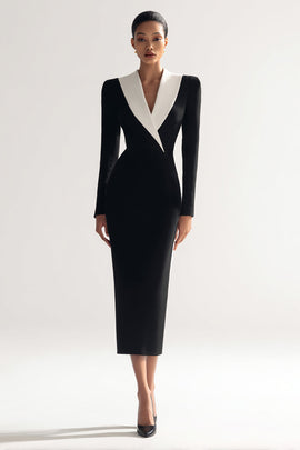 Black Shawl Lapel Pencil Long Sleeves Midi Blazer Dress with Slit