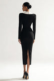 Black Shawl Lapel Pencil Long Sleeves Midi Blazer Dress with Slit