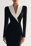 Black Shawl Lapel Pencil Long Sleeves Midi Blazer Dress with Slit