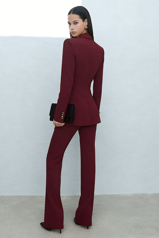 2 Piece Burgundy Shawl Lapel Double Breasted Prom Suits with Sleeves