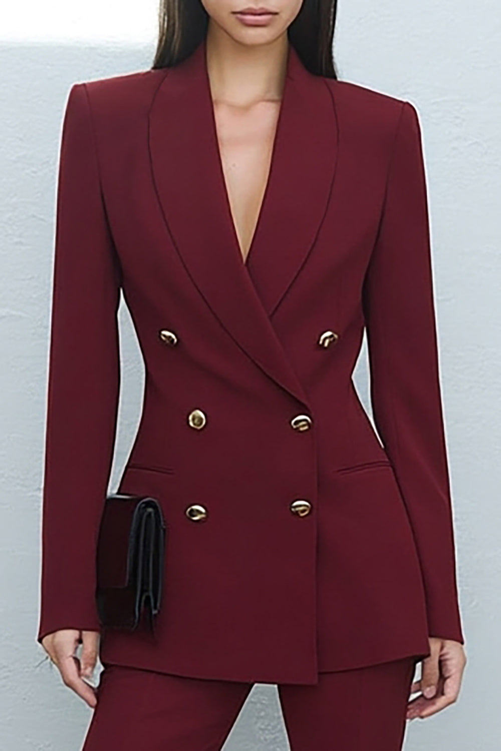 2 Piece Burgundy Shawl Lapel Double Breasted Prom Suits with Sleeves