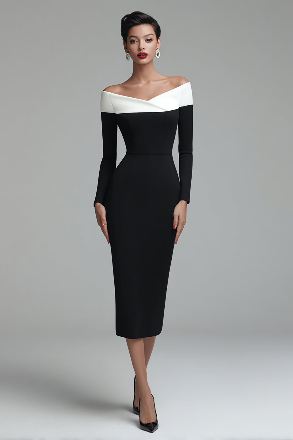 Black Pencil Off the Shoulder Midi Work Dress with Sleeves