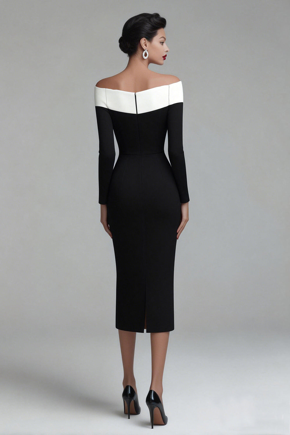Black Pencil Off the Shoulder Midi Work Dress with Sleeves