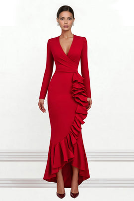 Red Mermaid Ruffled Asymmetrical Formal Dress with Sleeves