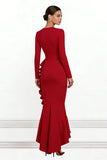 Red Mermaid Ruffled Asymmetrical Formal Dress with Sleeves