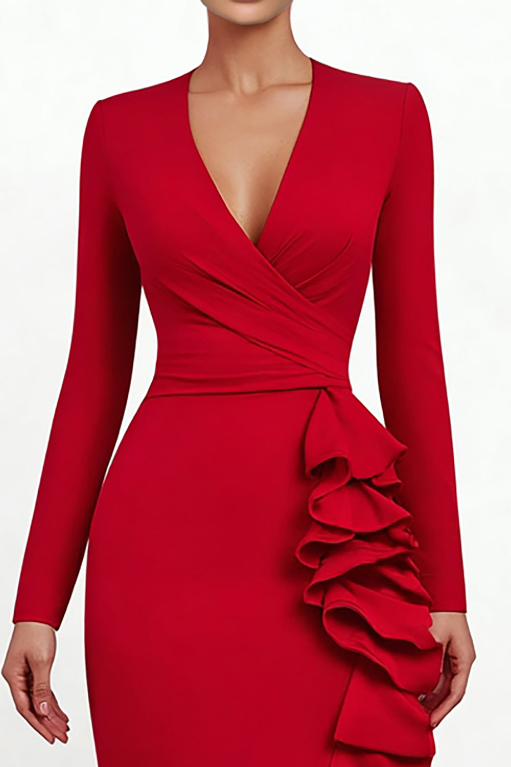 Red Mermaid Ruffled Asymmetrical Formal Dress with Sleeves