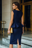 Navy Pencil Round Neck Midi Work Dress with Ruffles