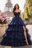 Navy A Line Ruffled Sweetheart Long Prom Dress with Slit