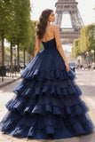 Navy A Line Ruffled Sweetheart Long Prom Dress with Slit