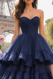 Navy A Line Ruffled Sweetheart Long Prom Dress with Slit