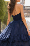 Navy A Line Ruffled Sweetheart Long Prom Dress with Slit