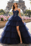 Sparkly Navy Tulle Sweetheart Beaded Long Prom Dress with Slit