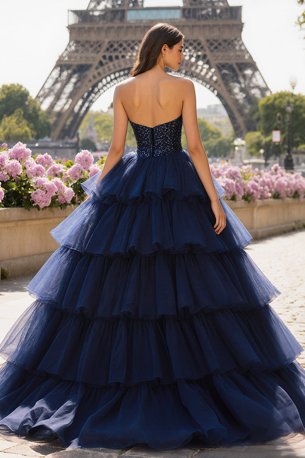 Sparkly Navy Tulle Sweetheart Beaded Long Prom Dress with Slit