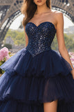 Sparkly Navy Tulle Sweetheart Beaded Long Prom Dress with Slit