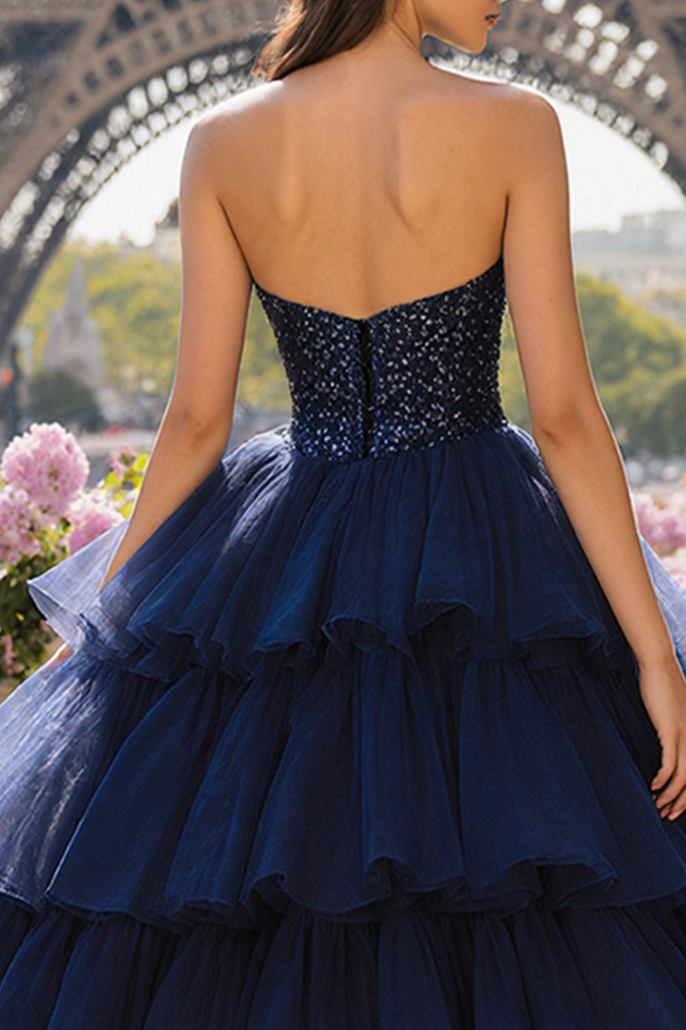 Sparkly Navy Tulle Sweetheart Beaded Long Prom Dress with Slit