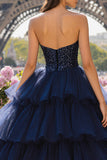 Sparkly Navy Tulle Sweetheart Beaded Long Prom Dress with Slit