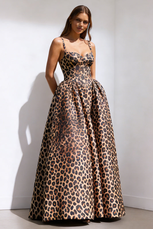Brown Leopard Print A Line Spaghetti Straps Long Prom Dress