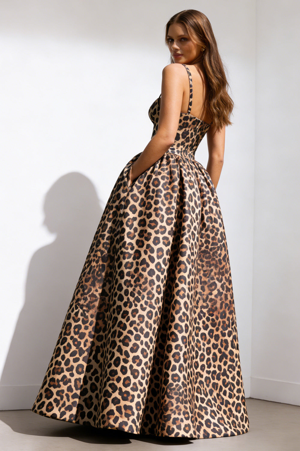 Brown Leopard Print A Line Spaghetti Straps Long Prom Dress