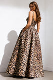 Brown Leopard Print A Line Spaghetti Straps Long Prom Dress