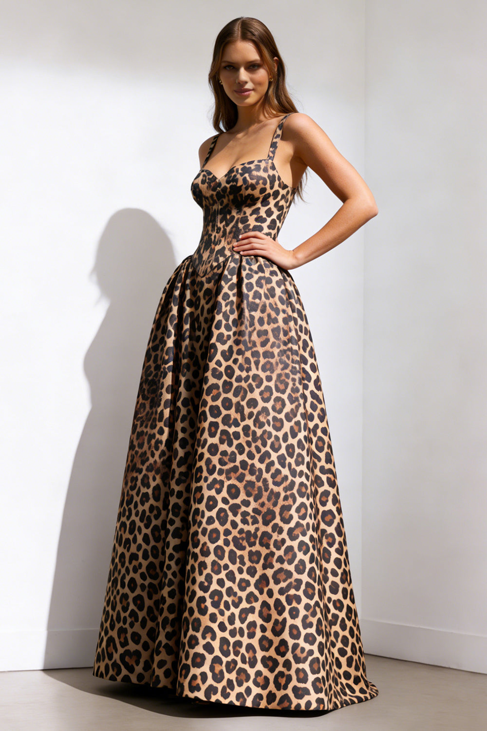 Brown Leopard Print A Line Spaghetti Straps Long Prom Dress