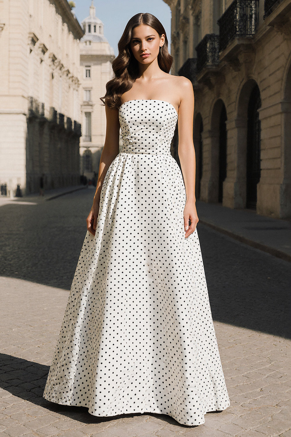 Black and White Dots A Line Strapless Long Prom Dress