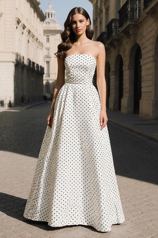Black and White Dots A Line Strapless Long Prom Dress