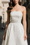 Black and White Dots A Line Strapless Long Prom Dress