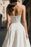 Black and White Dots A Line Strapless Long Prom Dress