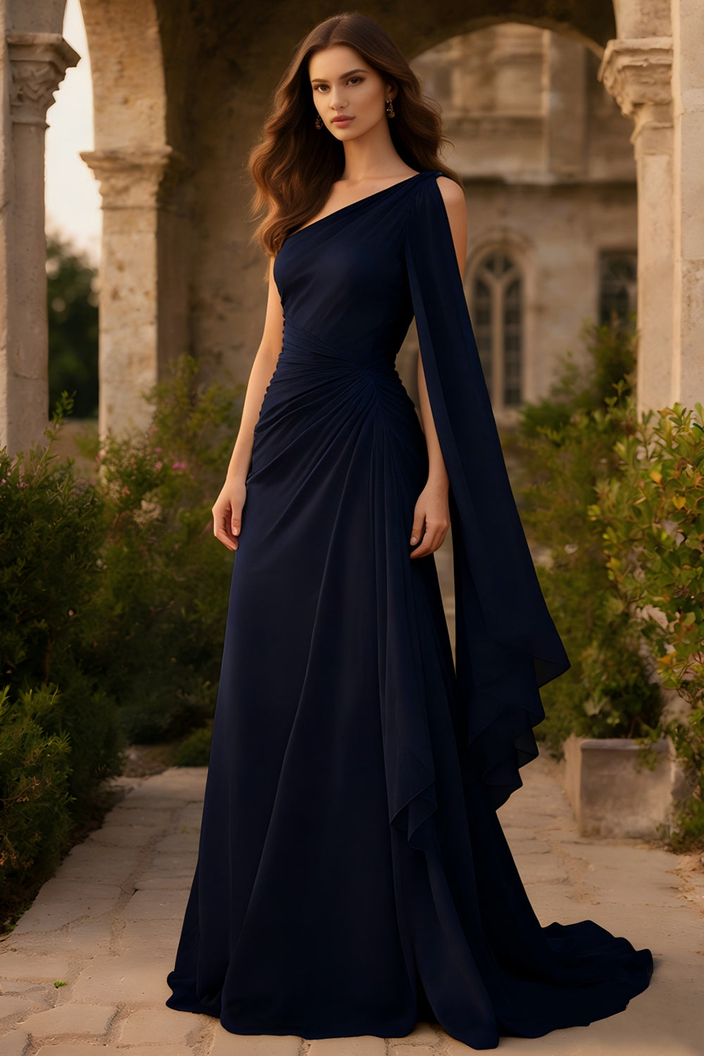 Navy Sheath Ruched One Shoulder Long Prom Dress with Side Cape
