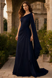 Navy Sheath Ruched One Shoulder Long Prom Dress with Side Cape