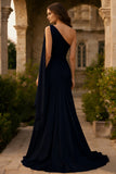 Navy Sheath Ruched One Shoulder Long Prom Dress with Side Cape