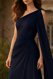 Navy Sheath Ruched One Shoulder Long Prom Dress with Side Cape