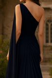 Navy Sheath Ruched One Shoulder Long Prom Dress with Side Cape