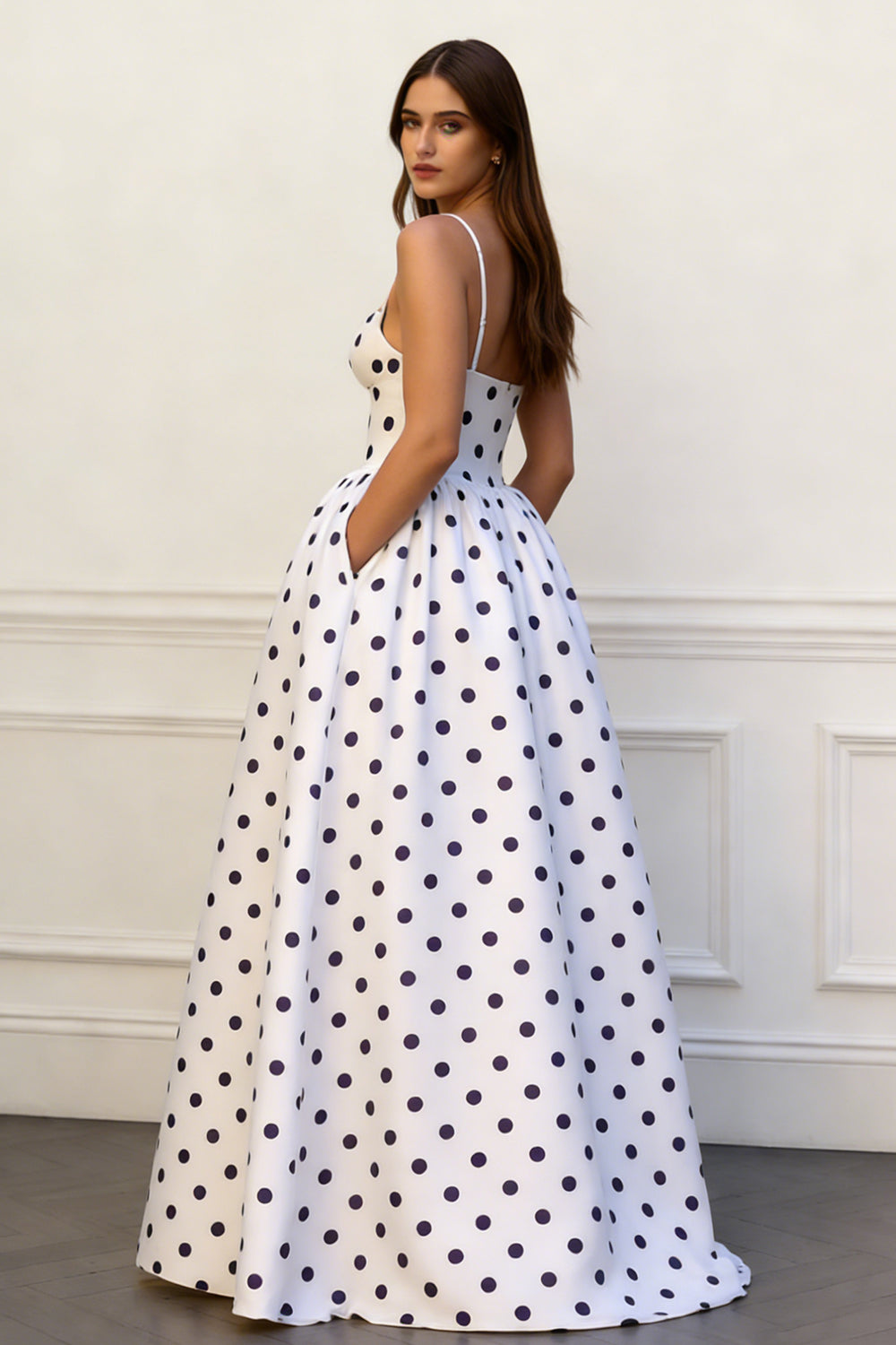Black and White Dots A Line Spaghetti Straps Long Prom Dress