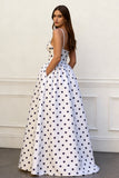 Black and White Dots A Line Spaghetti Straps Long Prom Dress