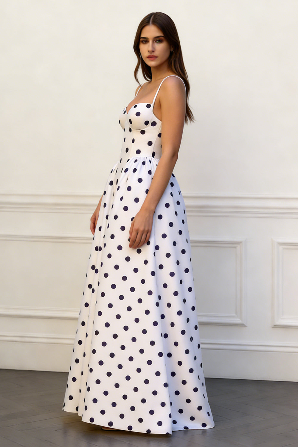 Black and White Dots A Line Spaghetti Straps Long Prom Dress