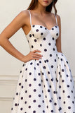 Black and White Dots A Line Spaghetti Straps Long Prom Dress