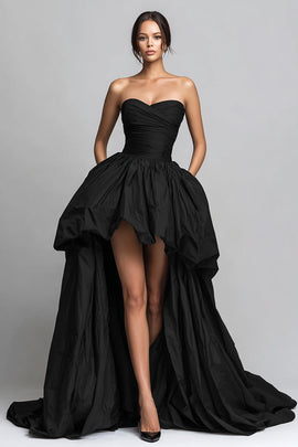 Black Sweetheart Ruched High-Low Prom Dress